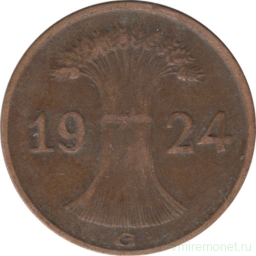 Монета. Германия. Веймарская республика. 1 рейхспфенниг 1924 год. Монетный двор - Карлсруэ (G).