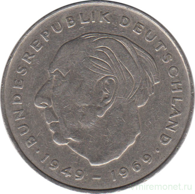 Монета. ФРГ. 2 марки 1985 год. Теодор Хойс. Монетный двор - Штутгарт (F).
