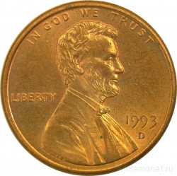 Монета. США. 1 цент 1993 год. Монетный двор D.