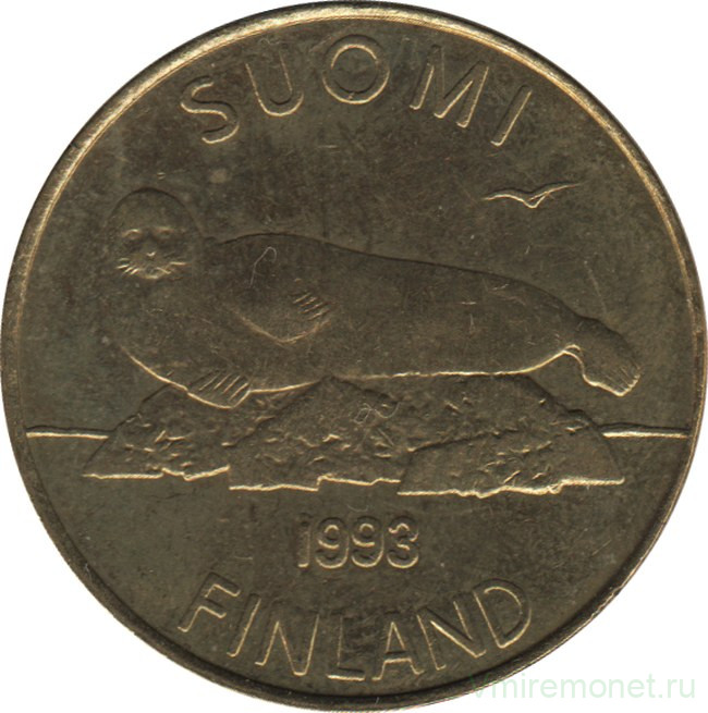 Монета. Финляндия. 5 марок 1993 год. Тюлень.