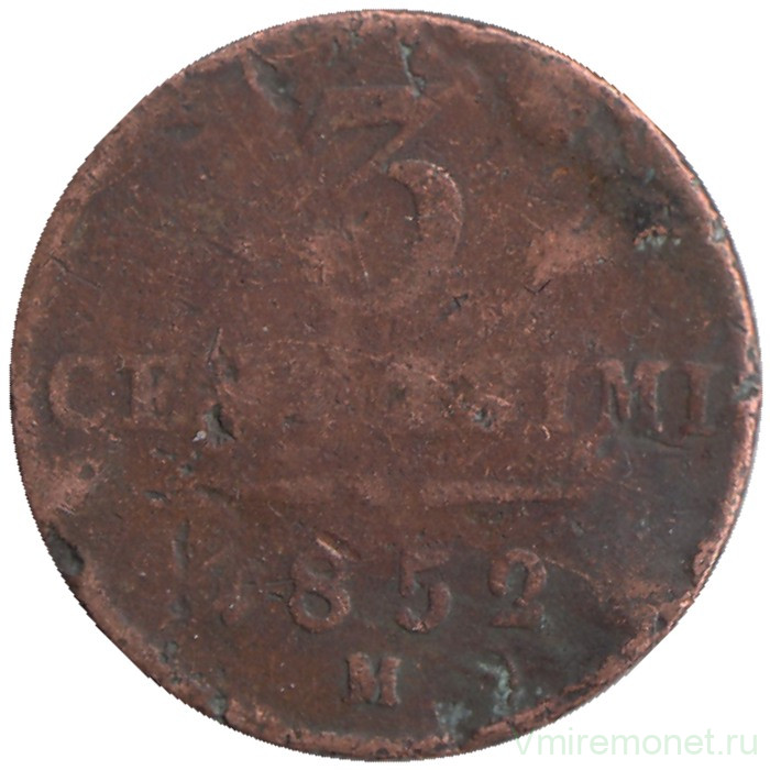 Монета. Ломбардия-Венеция. 3 чентезимо 1852 год. Диаметр 19 мм. М.