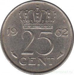 Монета. Нидерланды. 25 центов 1962 год.