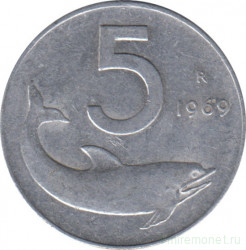 Монета. Италия. 5 лир 1969 год.