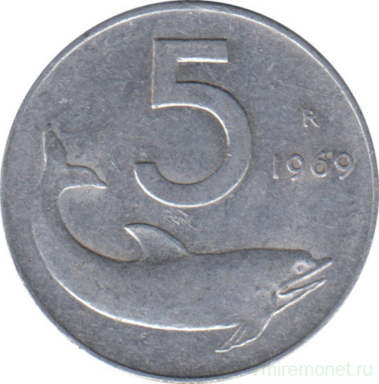 Монета. Италия. 5 лир 1969 год.