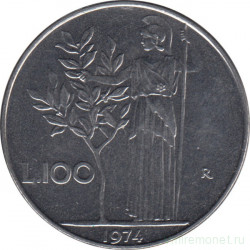 Монета. Италия. 100 лир 1974 год.
