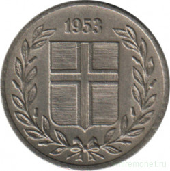 Монета. Исландия. 10 аурар 1953 год.