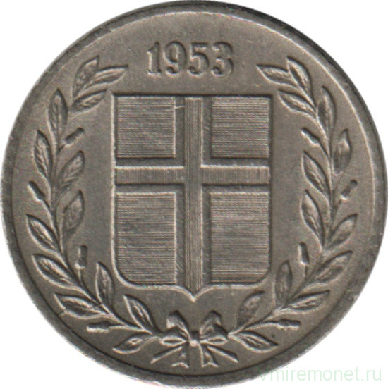 Монета. Исландия. 10 аурар 1953 год.