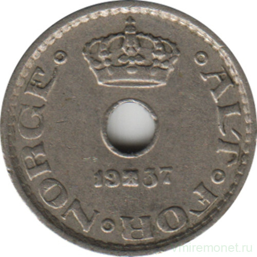 Монета. Норвегия. 10 эре 1937 год.