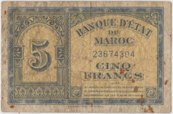 Банкнота. Марокко. 5 франков 1944 год. Тип 24.