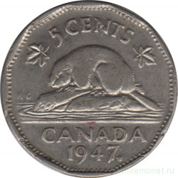 Монета. Канада. 5 центов 1947 год. Аверс - кленовый лист.