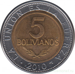 Монета. Боливия. 5 боливиано 2010 год.