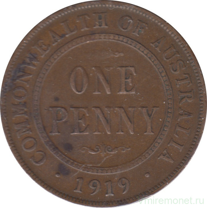 Монета. Австралия. 1 пенни 1919 год.