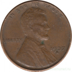 Монета. США. 1 цент 1937 год. Монетный двор S.