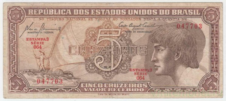 Банкнота. Бразилия. 5 крузейро 1961 - 1962 год. Тип 166.