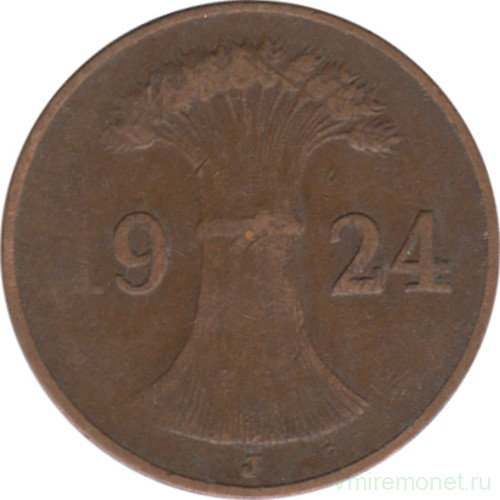 Монета. Германия. Веймарская республика. 1 рейхспфенниг 1924 год. Монетный двор - Гамбург (J).