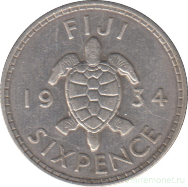 Монета. Фиджи. 6 пенсов 1934 год.