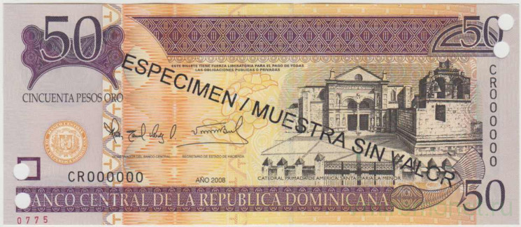 Банкнота. Доминиканская республика. 50 песо 2008 год. Образец. Тип 176b.