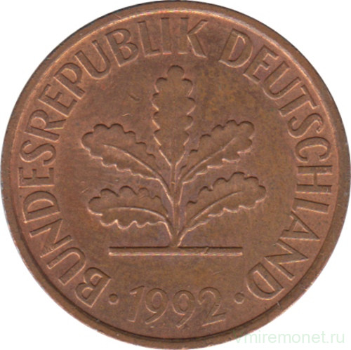 Монета. ФРГ. 2 пфеннига 1992 год. Монетный двор - Штутгарт (F).