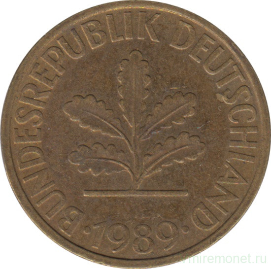 Монета. ФРГ. 10 пфеннигов 1989 год. Монетный двор - Карлсруэ (G).