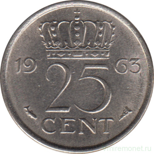 Монета. Нидерланды. 25 центов 1963 год.