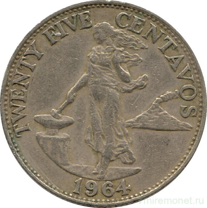Монета. Филиппины. 25 сентаво 1964 год.
