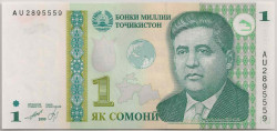 Банкнота. Таджикистан. 1 сомони 1999 год.