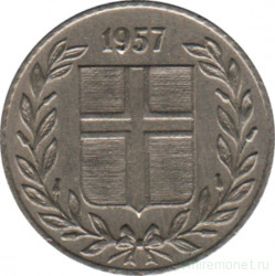 Монета. Исландия. 10 аурар 1957 год.