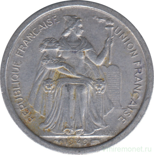 Монета. Новая Каледония. 2 франка 1949 год.