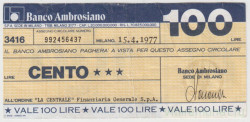 Бона. Италия. "Банко Амброзиано". Разменный чек на 100 лир 15.04.1977 год.