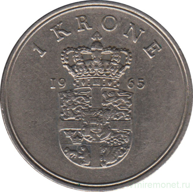 Монета. Дания. 1 крона 1965 год.