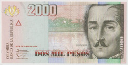 Банкнота. Колумбия. 2000 песо 2014 год.