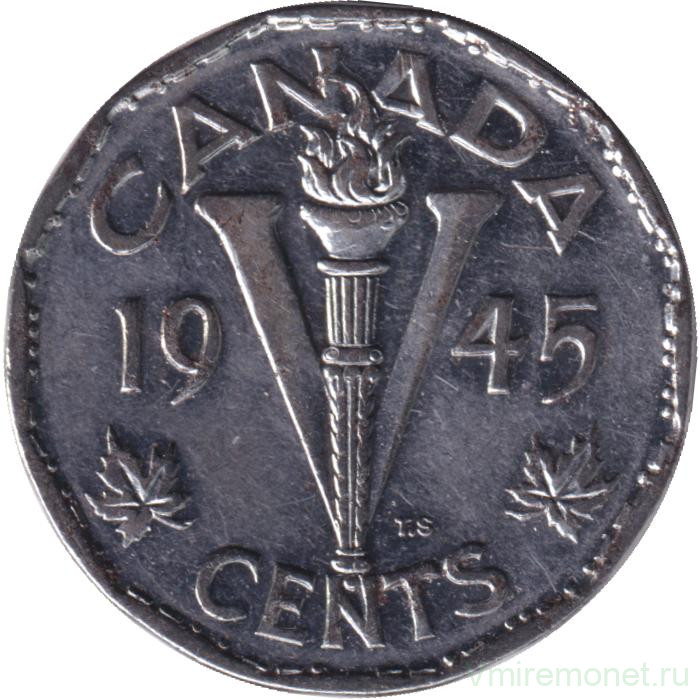 Монета. Канада. 5 центов 1945 год.