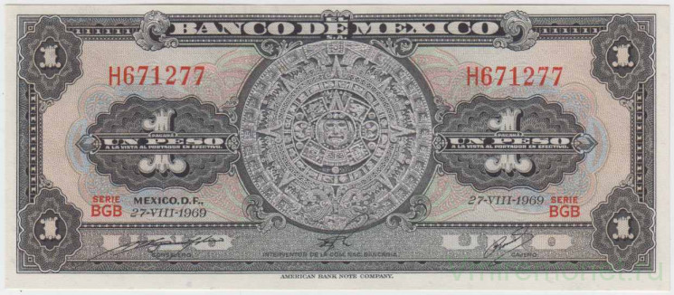 Банкнота. Мексика. 1 песо 1969 год. Тип 59k.