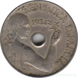 Монета. Испания. 25 сентимо 1934 год.