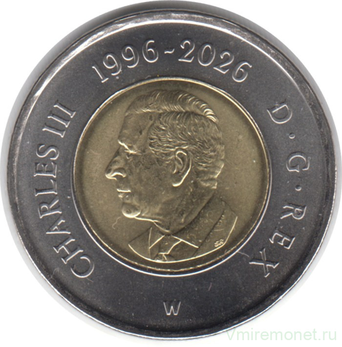 Монета. Канада. 2 доллара 2026 год. 30 лет с начала чекана монет номиналом 2 доллара.