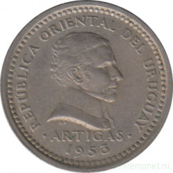 Монета. Уругвай. 2 сентесимо 1953 год.