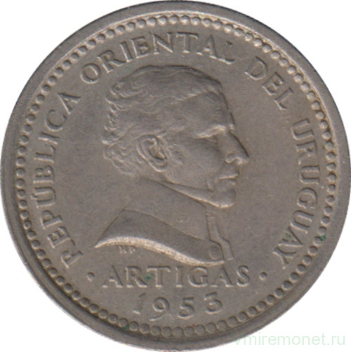 Монета. Уругвай. 2 сентесимо 1953 год.