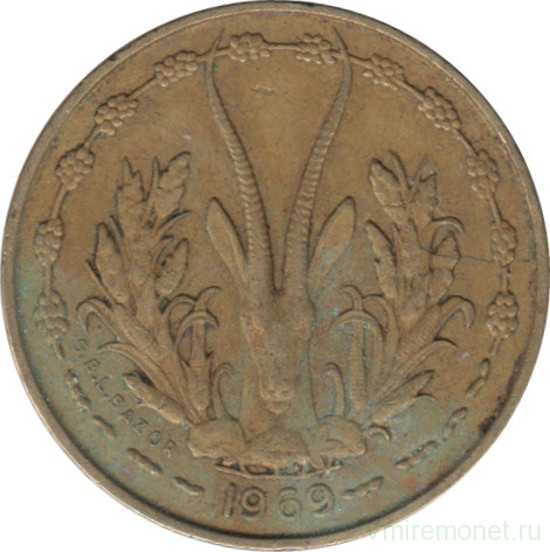 Монета. Западноафриканский экономический и валютный союз (ВСЕАО). 5 франков 1969 год.