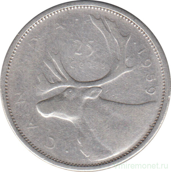 Монета. Канада. 25 центов 1959 год.