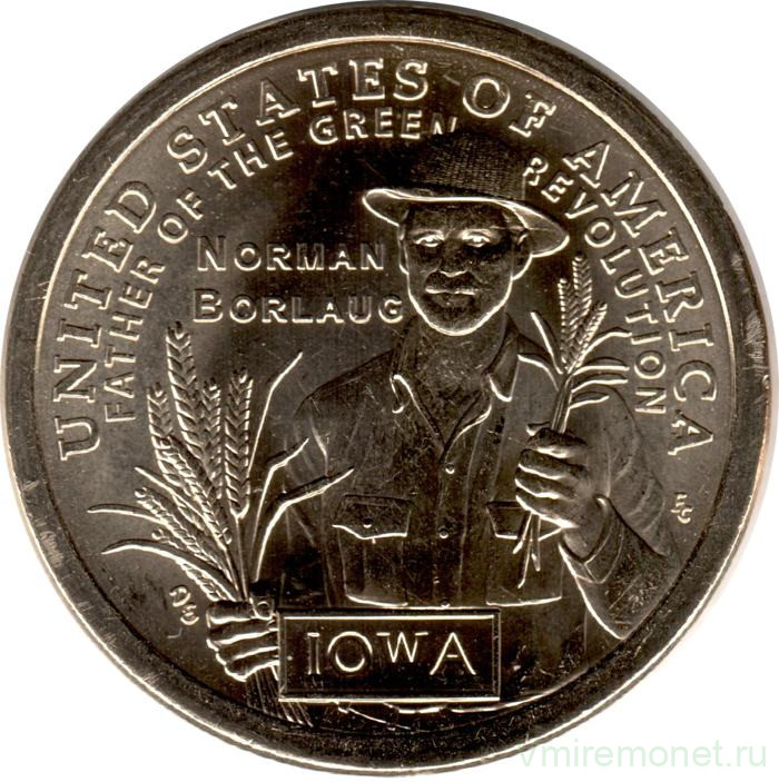 Монета. США. 1 доллар 2026 год. Американские инновации. Норман Борлоуг, отец Зелёной революции. Монетный двор D.