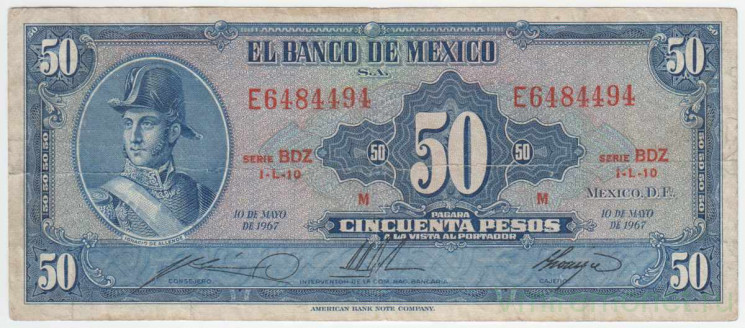 Банкнота. Мексика. 50 песо 1967 год. Серия BDZ. Тип 49q.