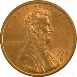 Монета. США. 1 цент 1994 год. Монетный двор D.