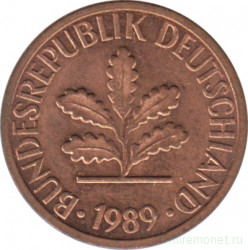 Монета. ФРГ. 1 пфенниг 1989 год. Монетный двор - Карлсруэ (G).
