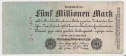 Банкнота. Германия. Веймарская республика. 5 миллионов марок 1923 год. Серийный номер - буква, семь цифр (красный).