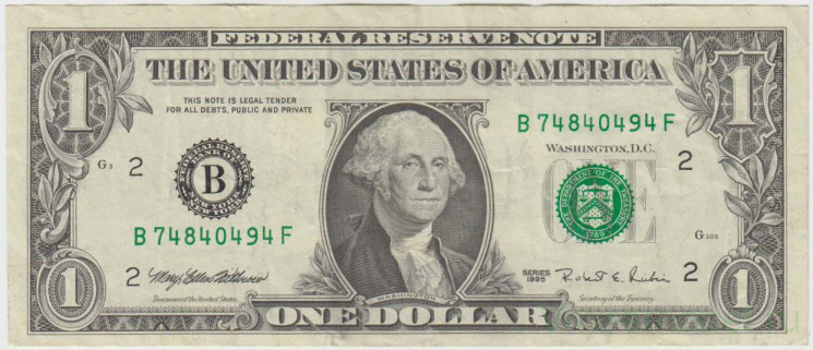 Банкнота. США. 1 доллар 1995 год. B. Тип 496а.