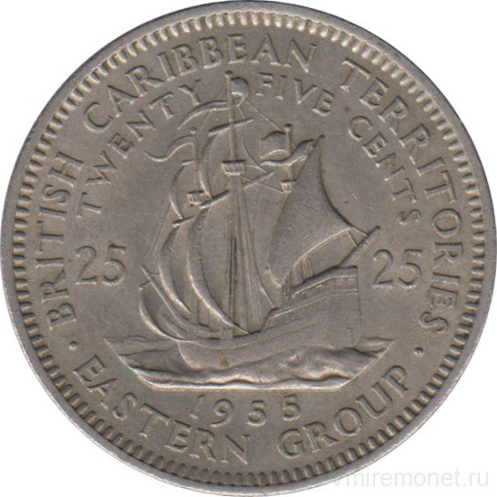 Монета. Британские Восточные Карибские территории. 25 центов 1955 год.