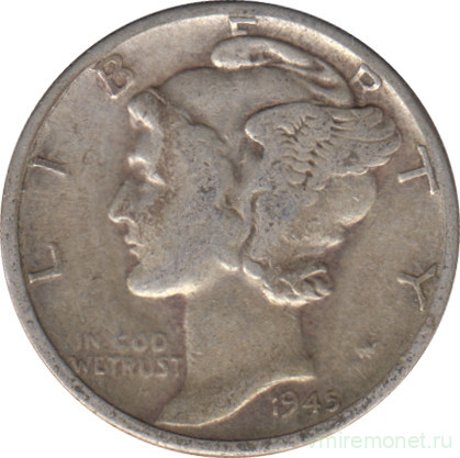 Монета. США. 10 центов 1945 год. Монетный двор D.