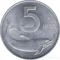 Монета. Италия. 5 лир 1955 год.
