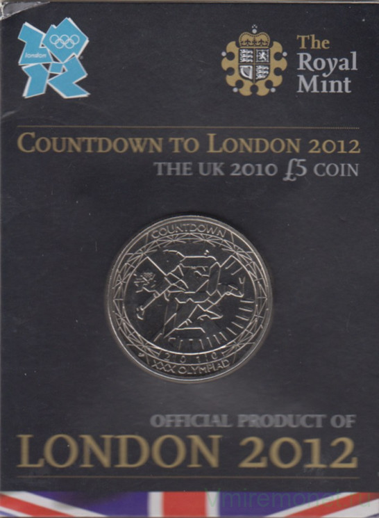 Монета. Великобритания. 5 фунтов 2010 год. XXX летние олимпийские игры Лондон 2012. Лёгкая атлетика. Обратный отсчет - 2 года. В блистере.