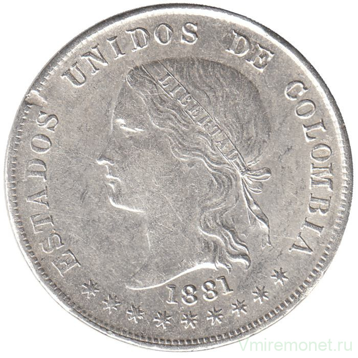 Монета. Колумбия. 50 сентаво 1881 год.